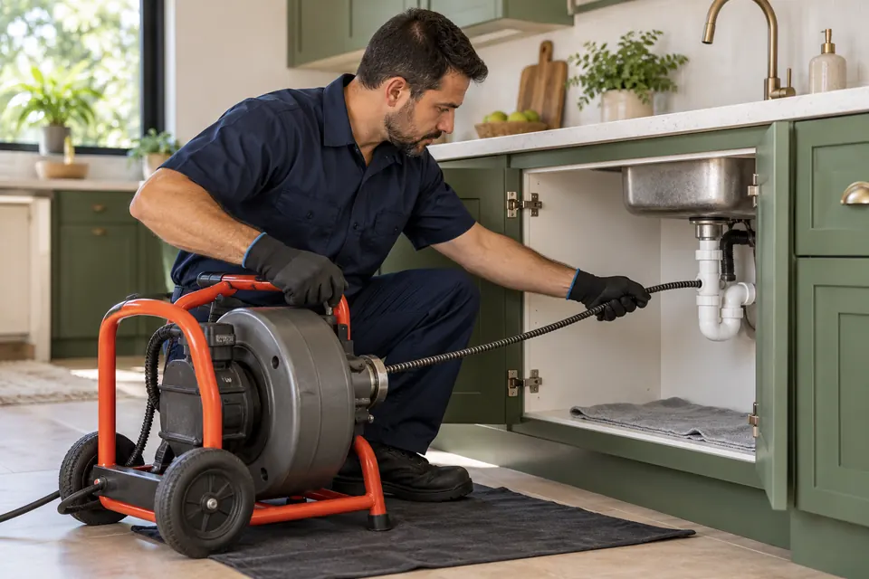 Profissional usando equipamento de desentupimento junto à pia — imagem ilustrativa